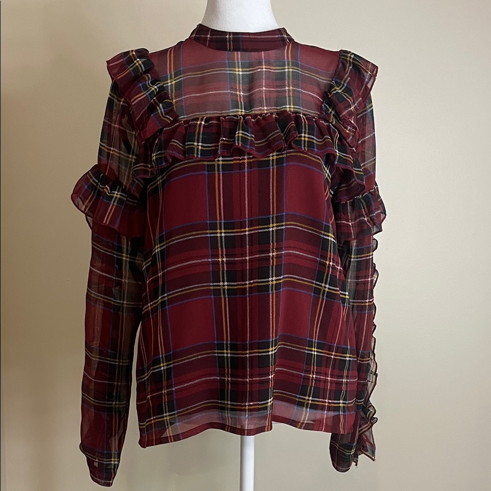 Mud Pie Women’s Burgundy Plaid Ruffle Blouse Size S